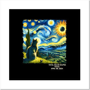 Total Solar Eclipse April 08 2024 Texas Starry Night Cat Posters and Art